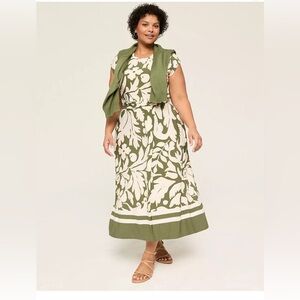 Lane Bryant Green and Cream Leaf Maxi Skirt